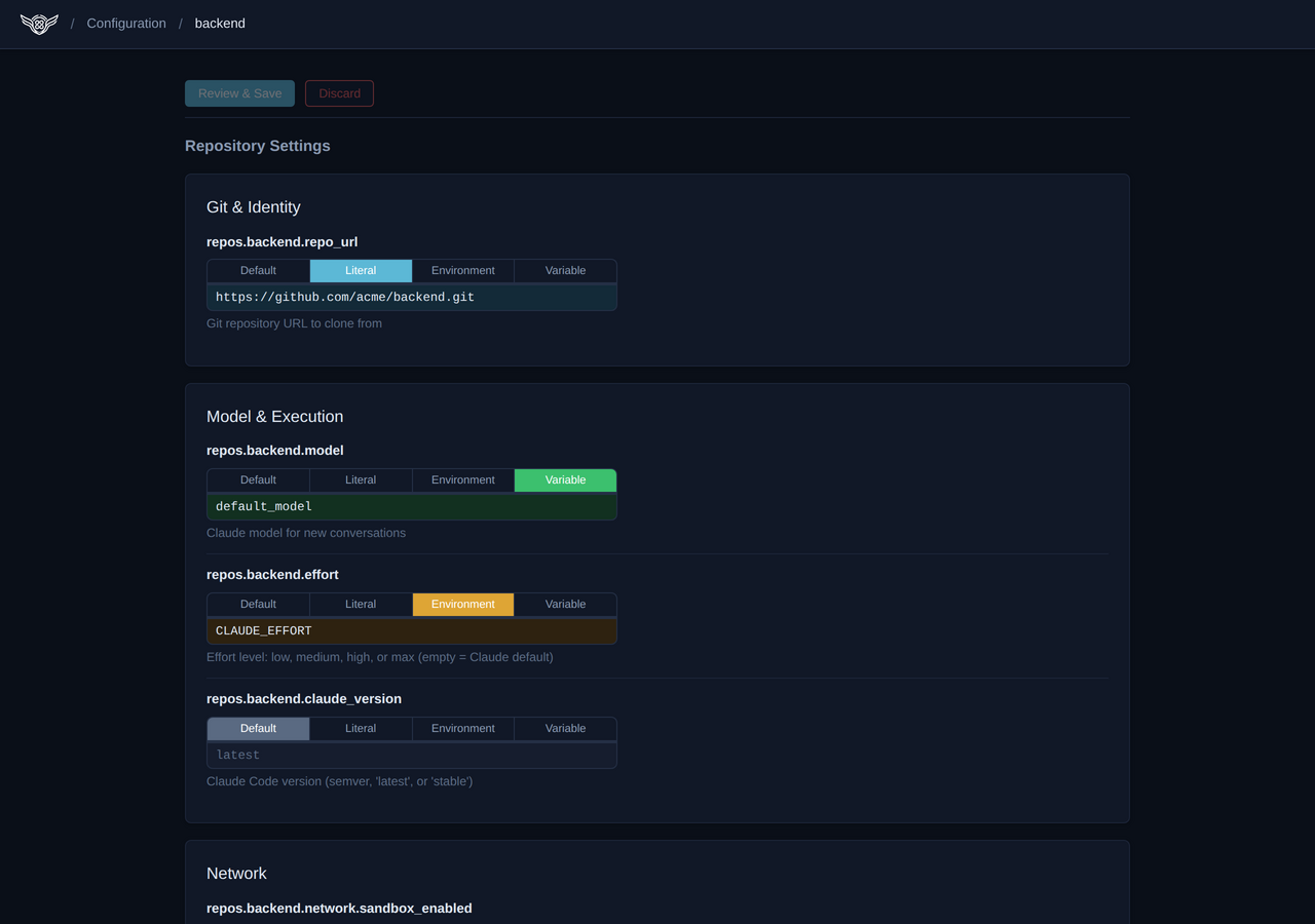 Repository configuration in the web dashboard