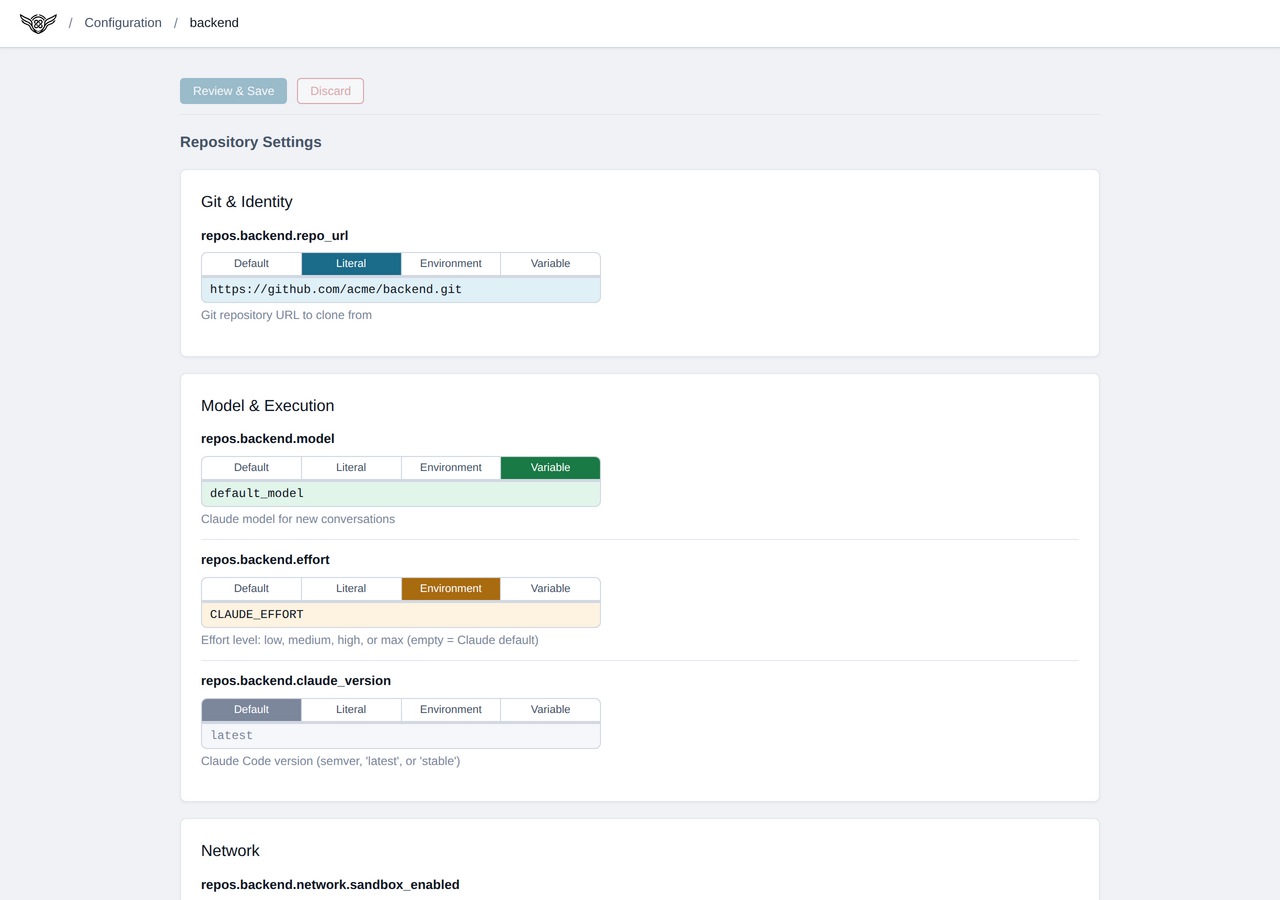Repository configuration in the web dashboard