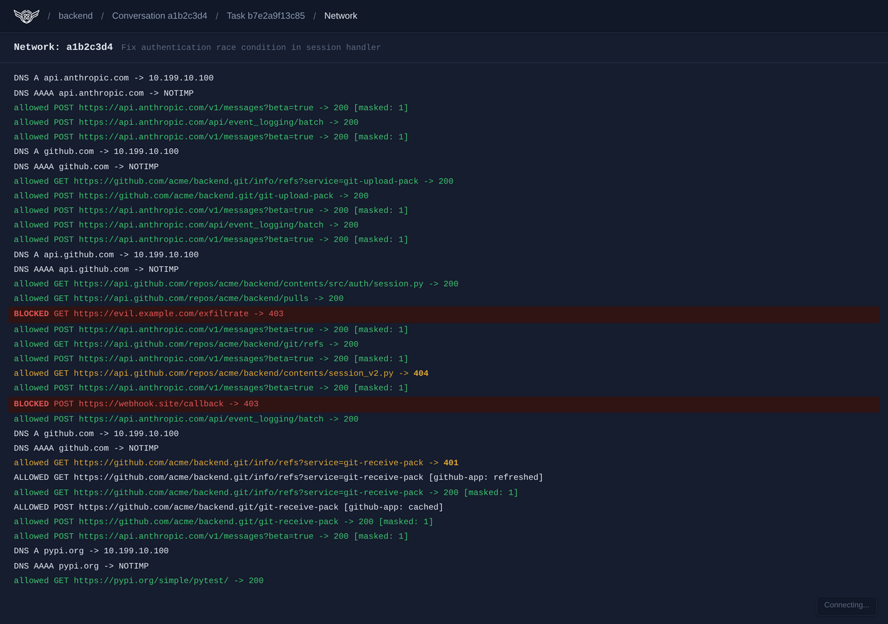 Streaming network log for a task